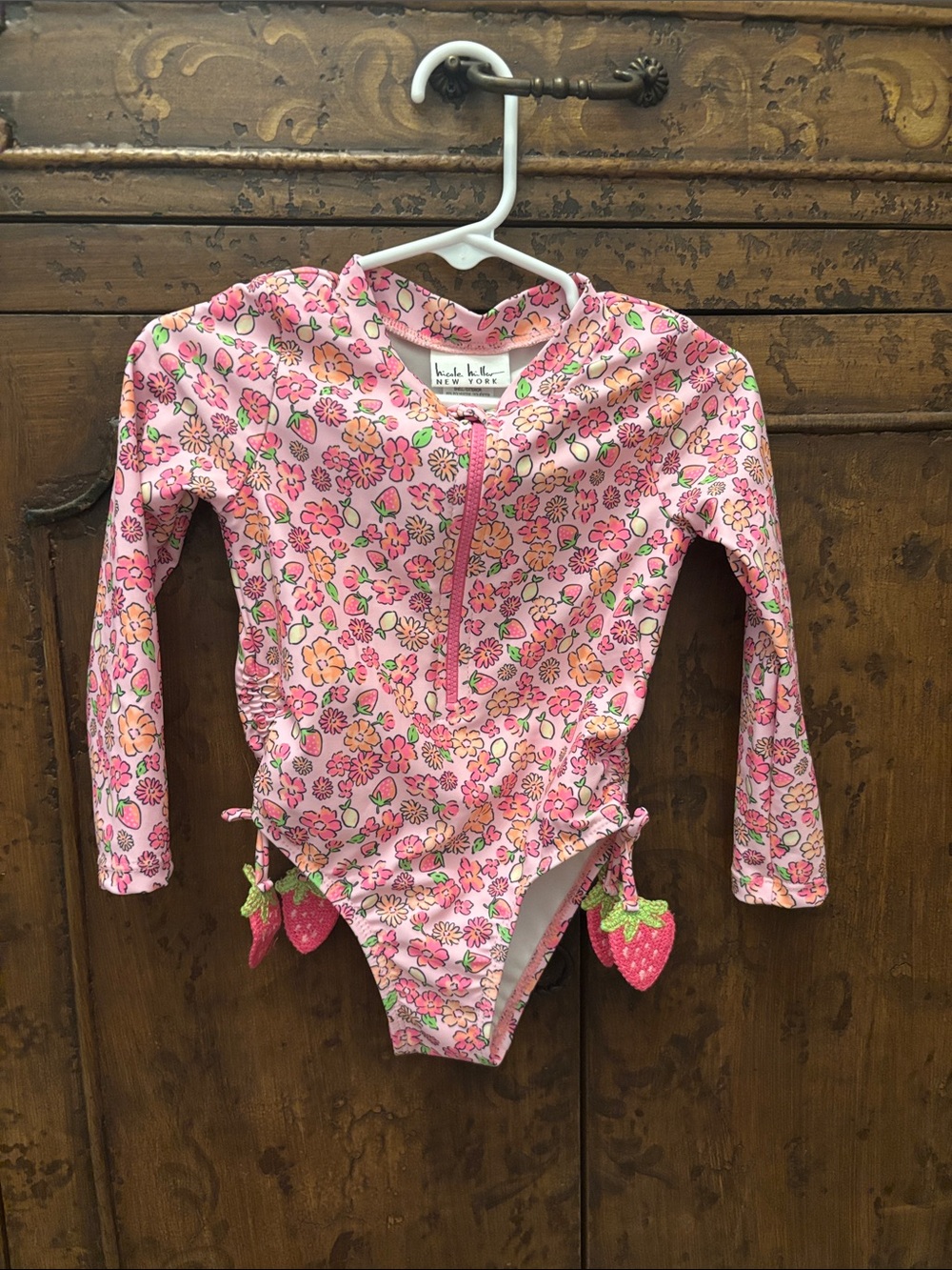 Pink Floral Long-Sleeve Girls Swim Suit with Strawberry Tassels